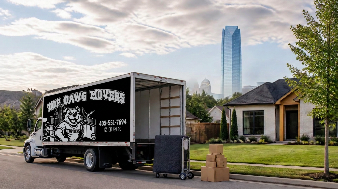 Top Dawg Movers branded moving truck in a residential Oklahoma City neighborhood with the Devon Tower skyline in the background