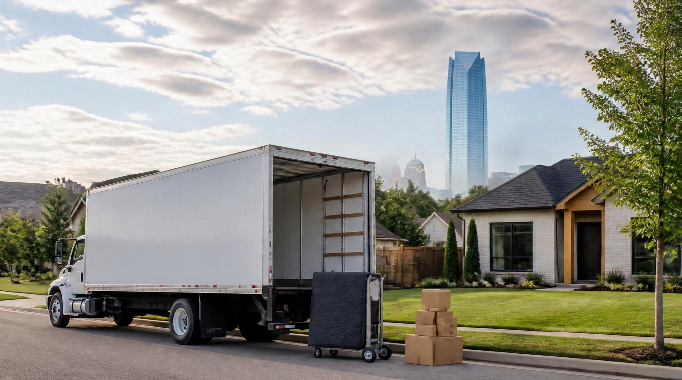 Top Dawg Movers truck with Oklahoma City skyline and moving boxes